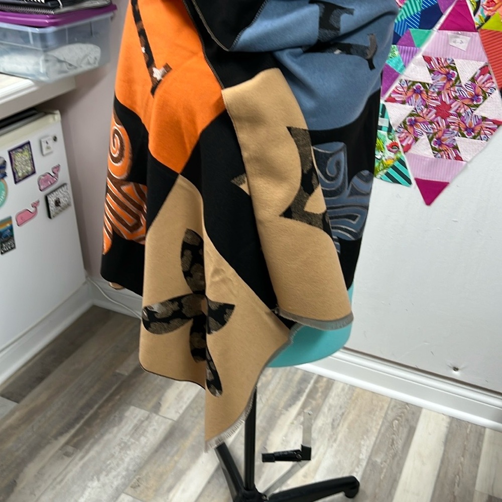 Black, Blue,  and Orange Patterned Scarf